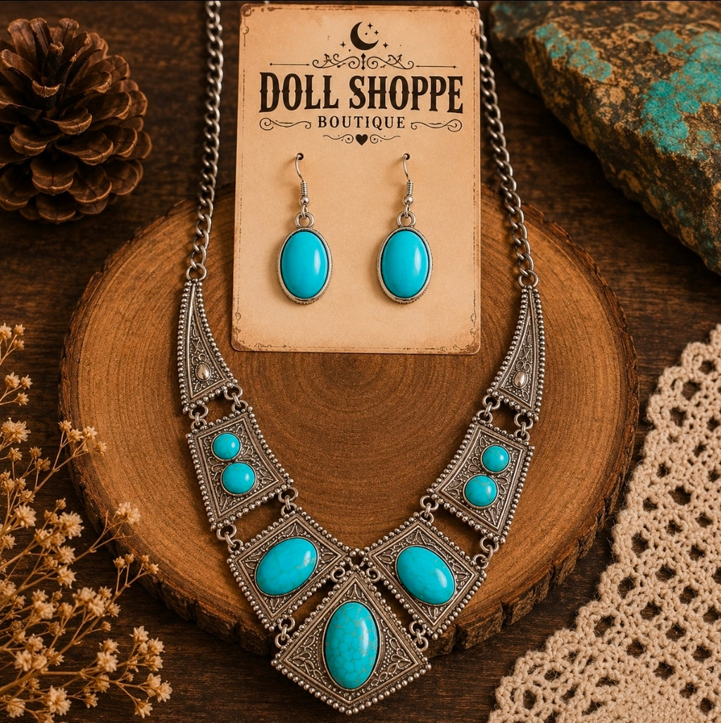 Western Turquoise Statement Necklace & Earring Set | Silver Tone Southwestern Jewelry Set