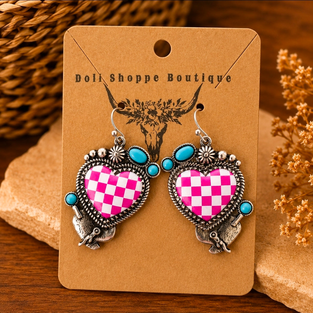 Pink Checkered Heart Western Earrings | Faux Turquoise Cowgirl Dangle Earrings | Retro Checkerboard Heart Earrings | Western Statement Jewelry for Women