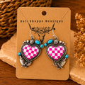 Pink Checkered Heart Western Earrings | Faux Turquoise Cowgirl Dangle Earrings | Retro Checkerboard Heart Earrings | Western Statement Jewelry for Women