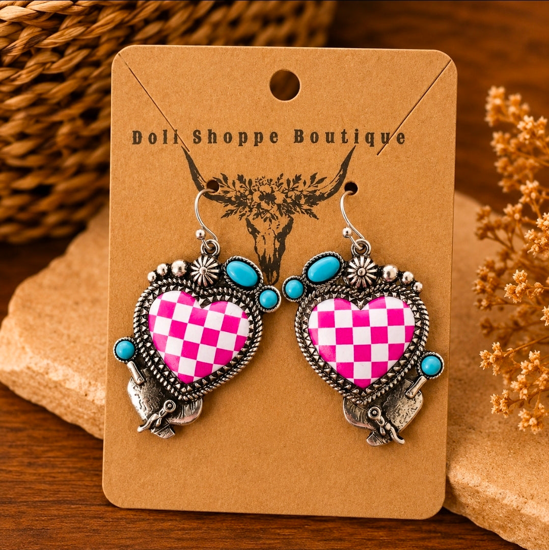Pink Checkered Heart Western Earrings | Faux Turquoise Cowgirl Dangle Earrings | Retro Checkerboard Heart Earrings | Western Statement Jewelry for Women