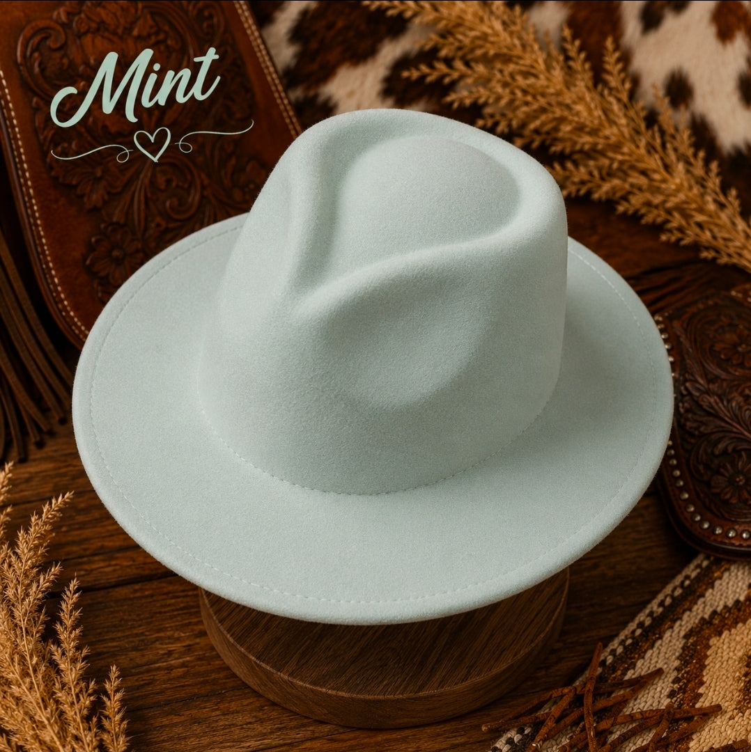 Wide Brim Felt Fedora Hat | Adjustable Flat Brim Jazz Hat | Western Boho Ranch Style | 8 Colors Available