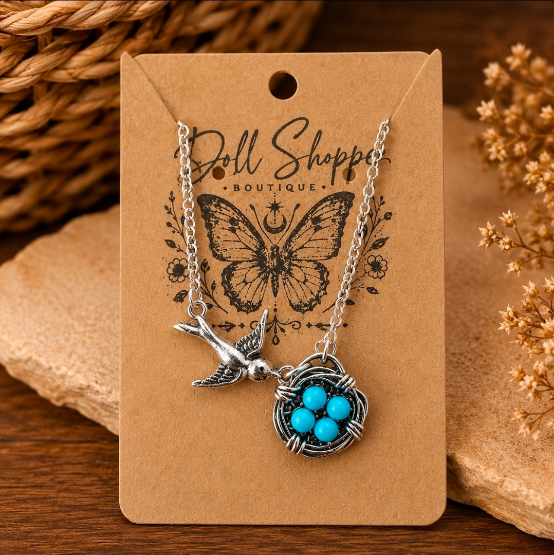 Bird Nest Necklace with Faux Turquoise Eggs | Silver Bird Pendant Necklace | Nature Inspired Jewelry | Boho Western Necklace | Rustic Gift for Bird Lovers