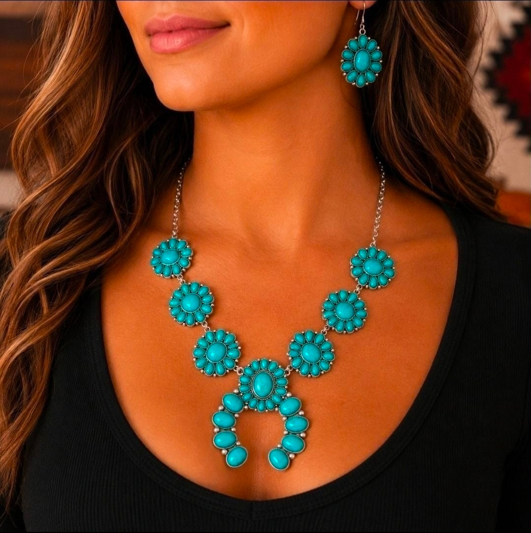 Western Faux Turquoise Squash Blossom Necklace Set | Statement Necklace & Earrings | Cowgirl Jewelry | Boho Western Jewelry | Boutique Gift for Her