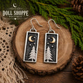 Moon & Pine Tree Forest Dangle Earrings | Nature Inspired Boho Earrings | Celestial Woodland Jewelry | Rustic Silver Statement Earrings