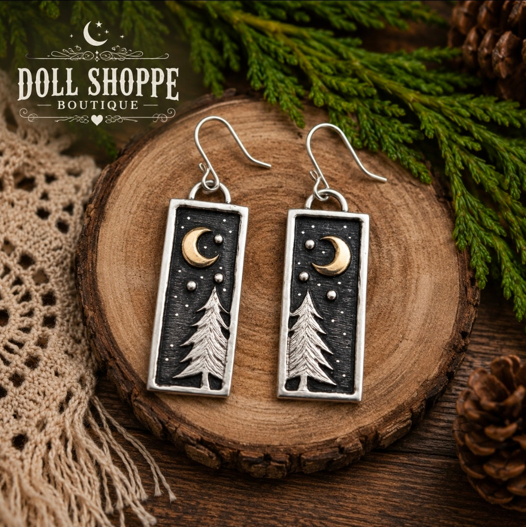 Moon & Pine Tree Forest Dangle Earrings | Nature Inspired Boho Earrings | Celestial Woodland Jewelry | Rustic Silver Statement Earrings