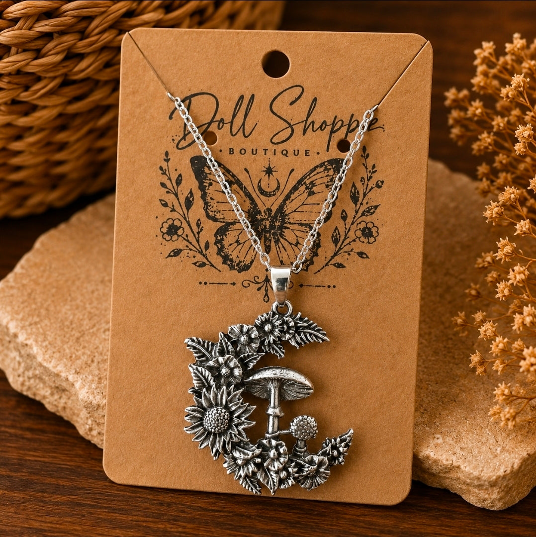 Mushroom & Sunflower Necklace | Cottagecore Wildflower Pendant Necklace | Nature Inspired Floral Jewelry | Boho Botanical Necklace Gift for Her
