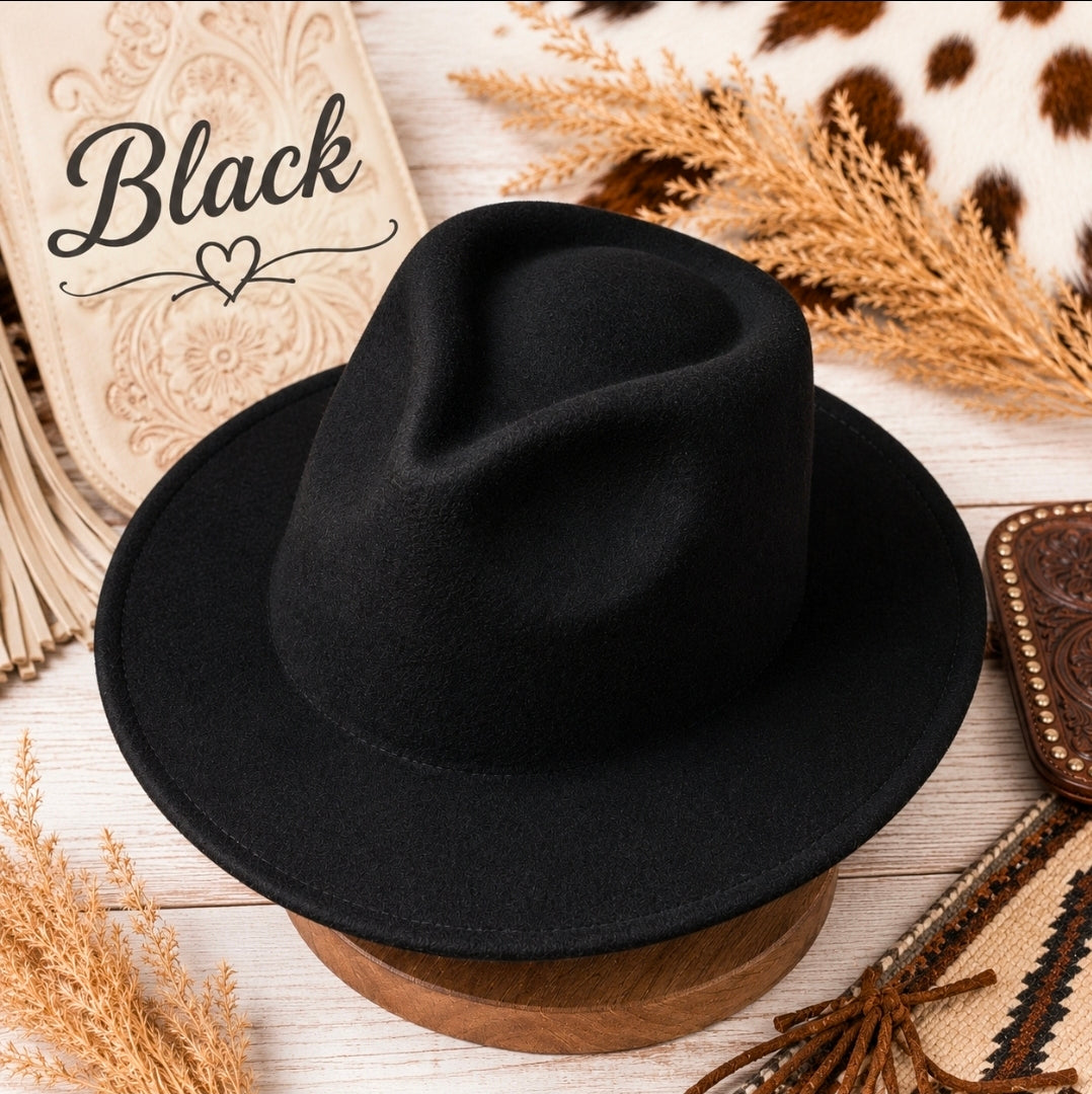 Wide Brim Felt Fedora Hat | Adjustable Flat Brim Jazz Hat | Western Boho Ranch Style | 8 Colors Available