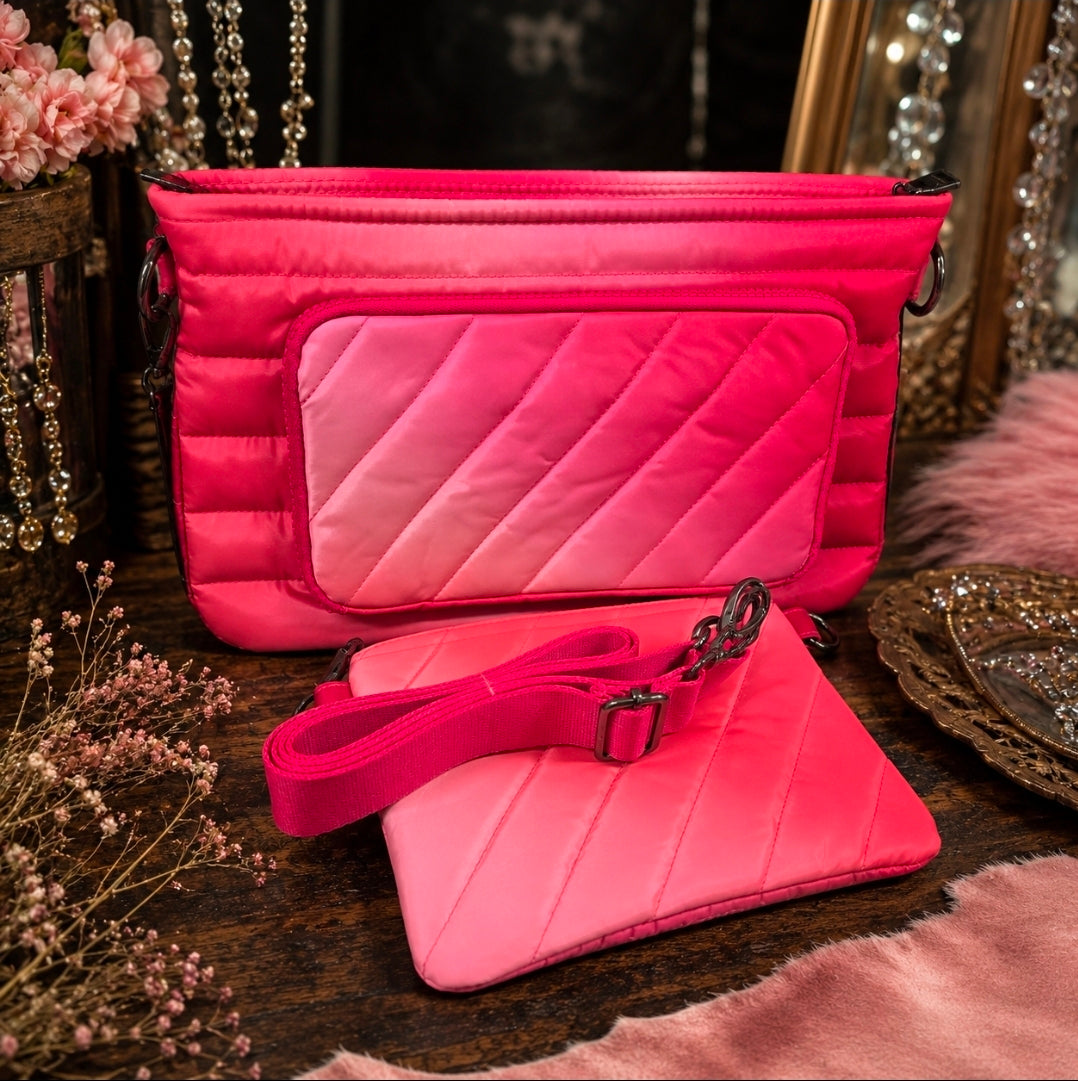 Think Royln Bank Street XL Quilted Crossbody Bag & Matching Convertible Pouch – Hot Pink | RFID Wallet | Lightweight Designer Travel Bag