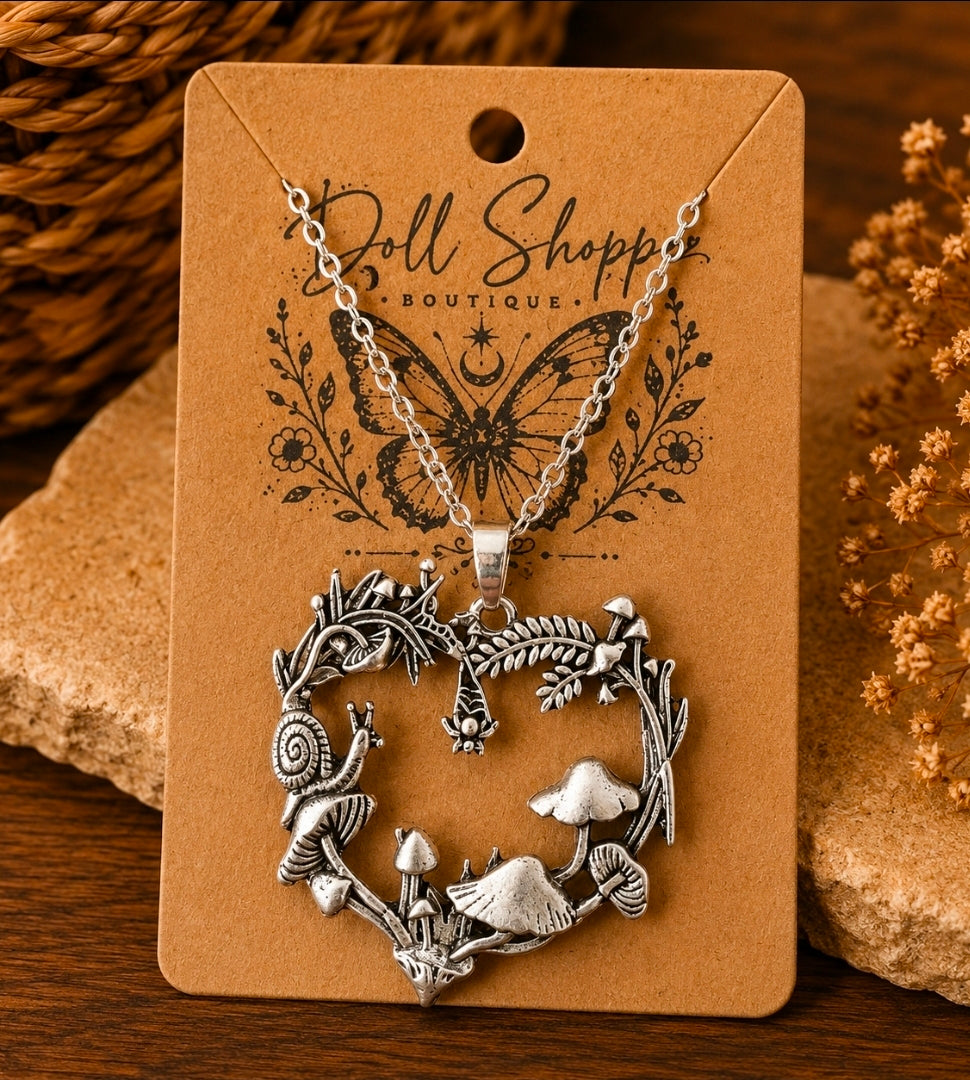 Cottagecore Mushroom & Snail Wreath Necklace | Woodland Forest Pendant | Fairycore Nature Jewelry | Whimsical Botanical Necklace | Silver Mushroom Charm