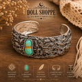 Western Engraved Faux Turquoise Cuff Bracelet | Silver Floral Boho Cowgirl Statement Bracelet | Adjustable Open Cuff