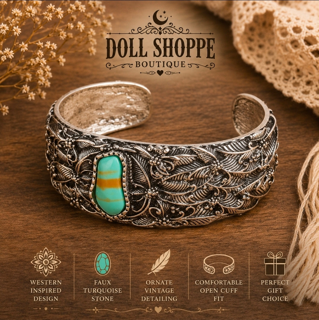 Western Engraved Faux Turquoise Cuff Bracelet | Silver Floral Boho Cowgirl Statement Bracelet | Adjustable Open Cuff