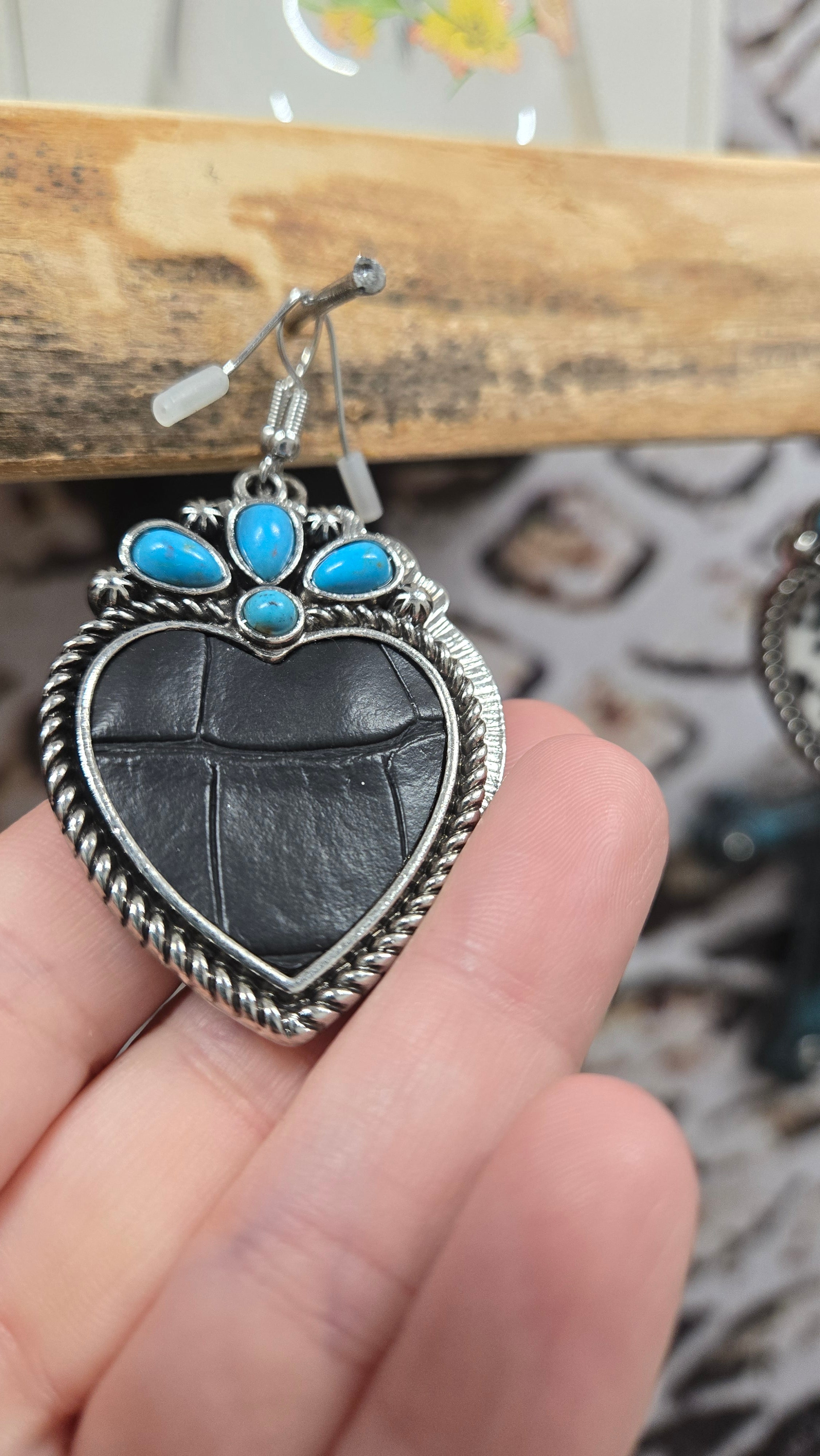 Western Faux Hair-on-Hide Heart Earrings with Turquoise Accent | Cowhide, Leopard & Alligator Variations