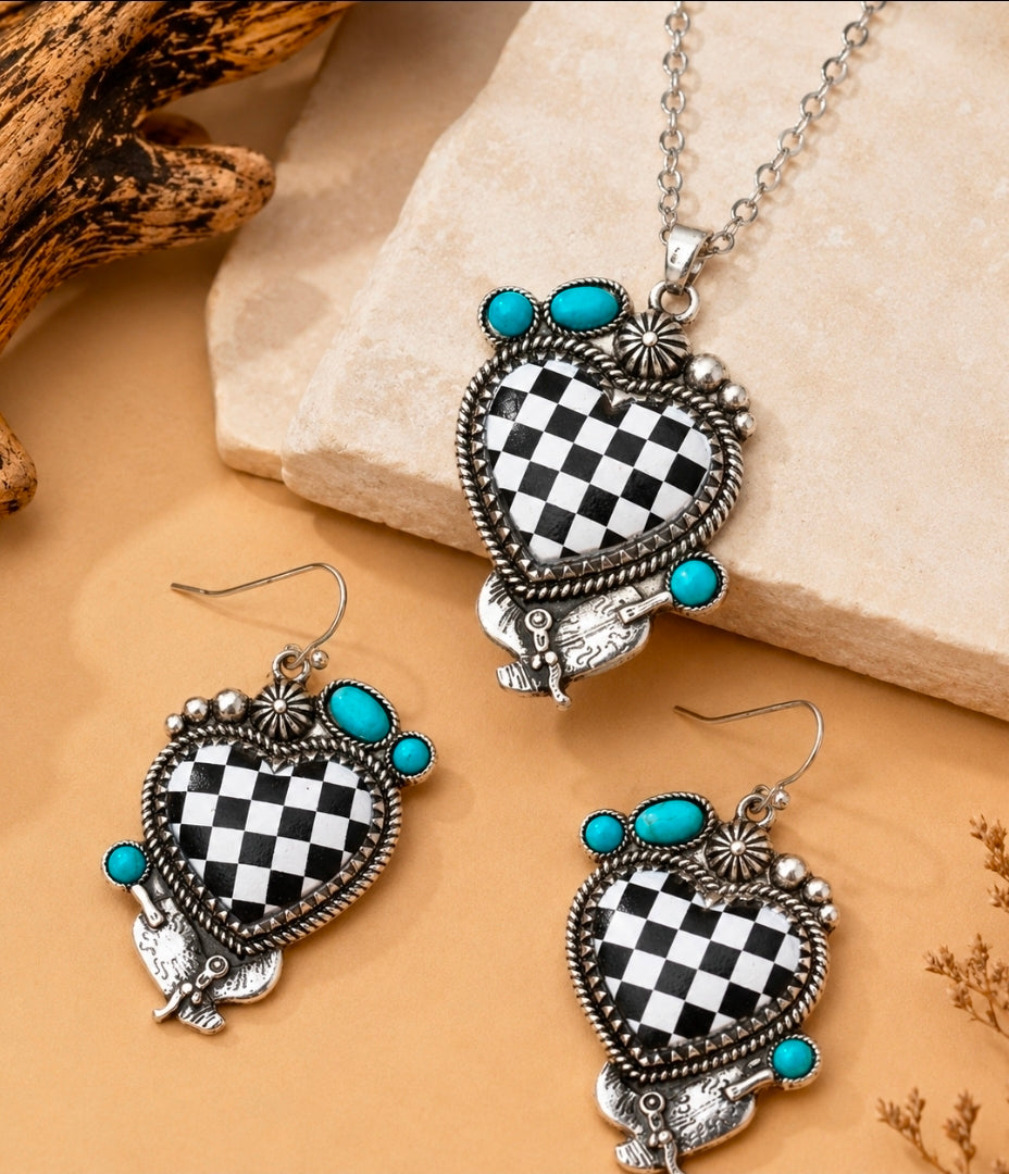 Western Checkerboard Heart Necklace & Earring Set | Faux Turquoise Jewelry Set | Cowgirl Statement Necklace | Black White Heart Pendant | Boutique Gift for Her