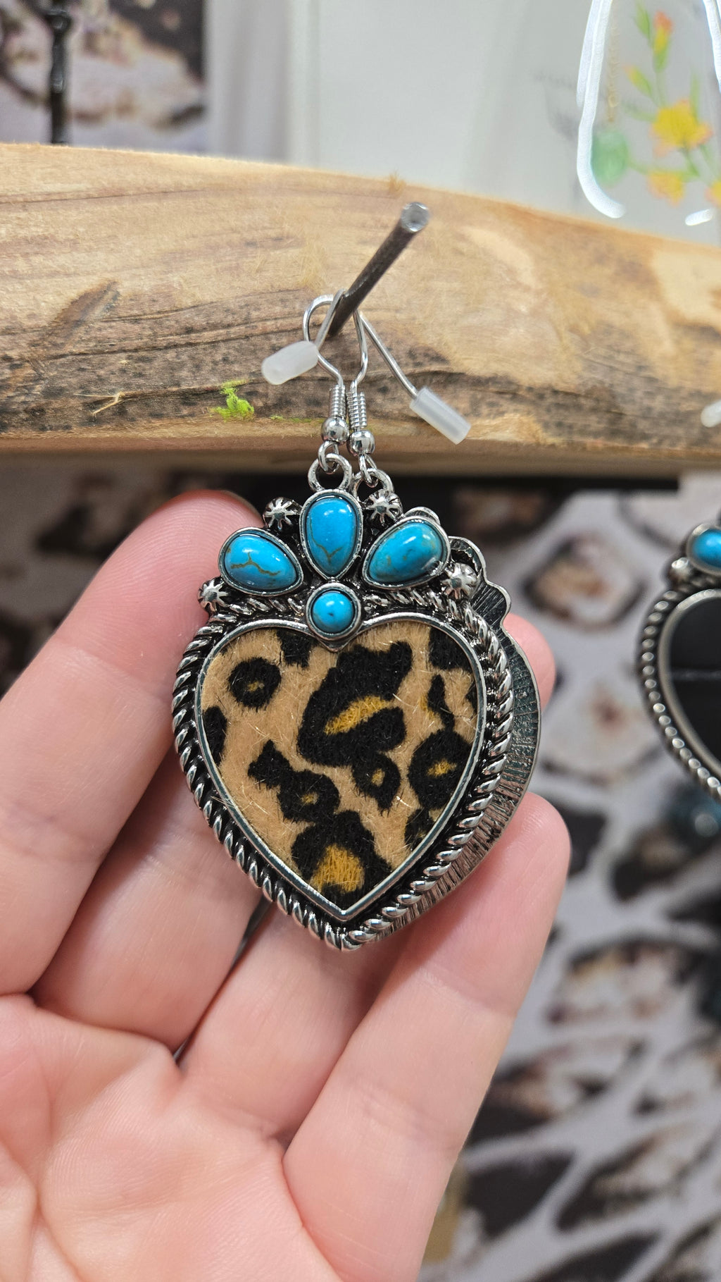 Western Faux Hair-on-Hide Heart Earrings with Turquoise Accent | Cowhide, Leopard & Alligator Variations