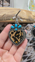Western Faux Hair-on-Hide Heart Earrings with Turquoise Accent | Cowhide, Leopard & Alligator Variations
