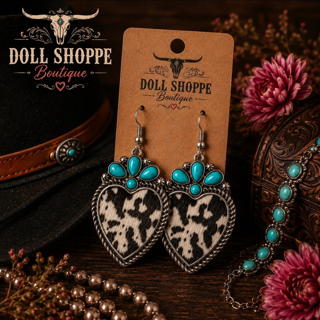 Western Faux Hair-on-Hide Heart Earrings with Turquoise Accent | Cowhide, Leopard & Alligator Variations