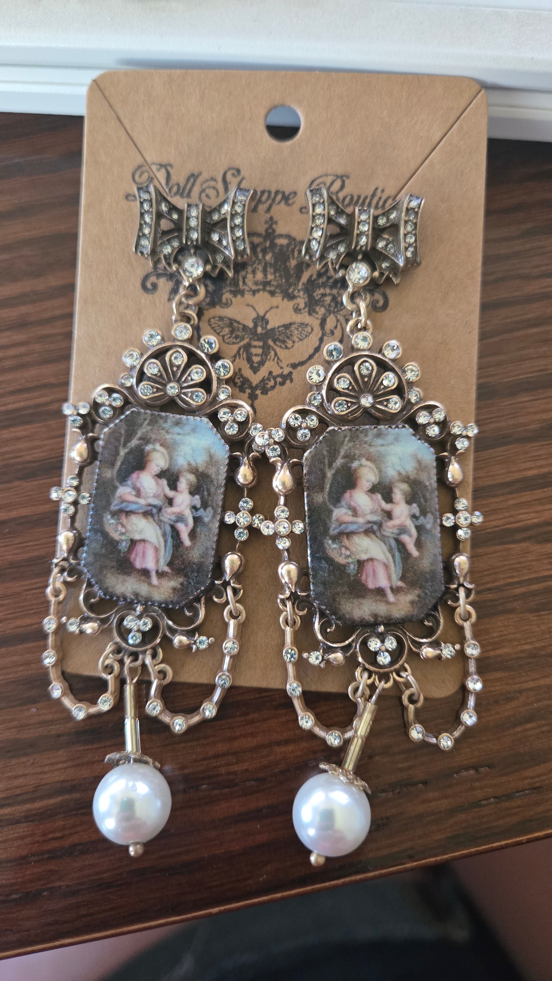 One of a Kind Vintage Victorian Chandelier Earrings | Romantic Renaissance Portrait Earrings | Baroque Pearl Rhinestone Statement Earrings | Antique Gold Cottagecore Jewelry | Wearable Art Boutique Earrings