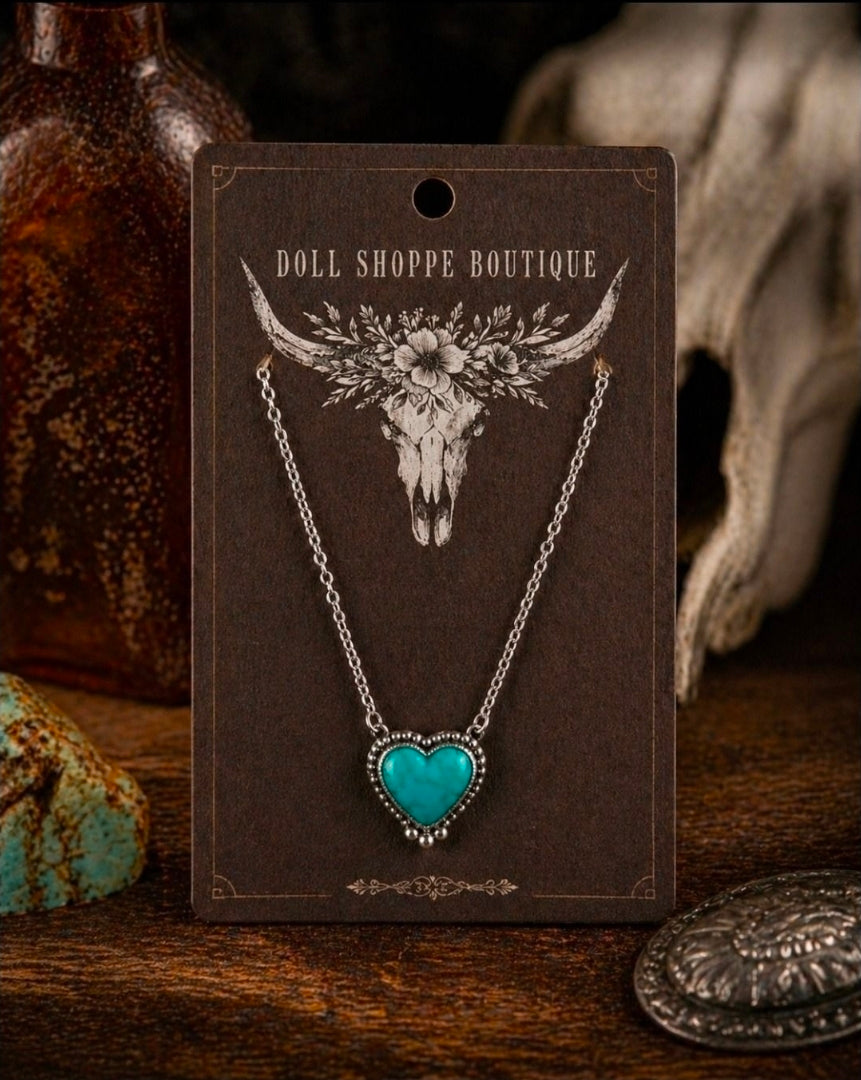 Western Turquoise Heart Necklace for Women | Faux Turquoise Silver Heart Pendant Necklace | Cowgirl Jewelry | Boho Western Necklace | Country Boutique Gift