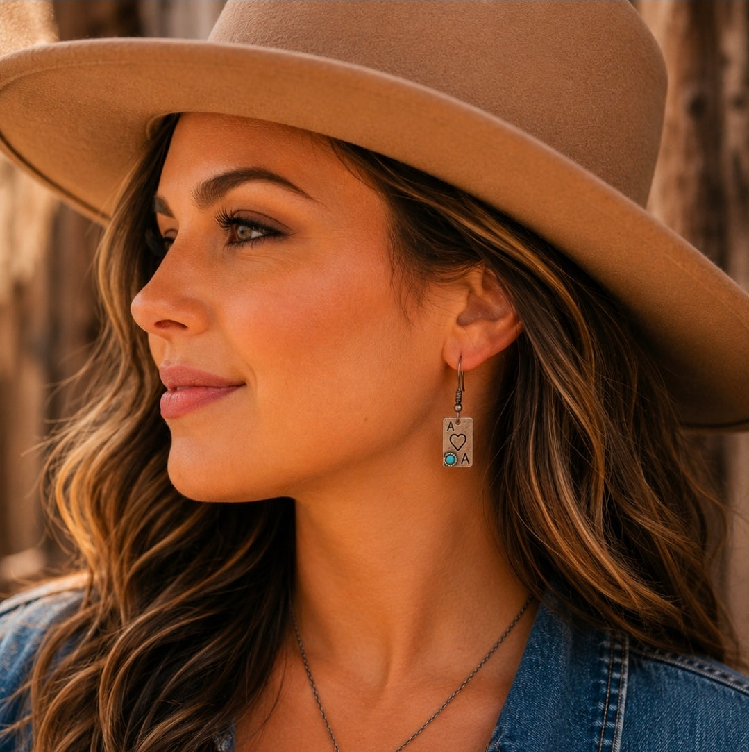 ✨ Rustic Ace of Hearts Western Earrings | Turquoise Card Earrings | Antique Silver Cowgirl Earrings | Western Jewelry | Rodeo Earrings | Country Boutique Gift