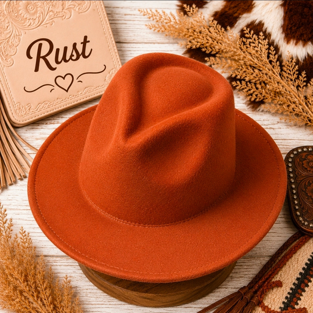 Wide Brim Felt Fedora Hat | Adjustable Flat Brim Jazz Hat | Western Boho Ranch Style | 8 Colors Available