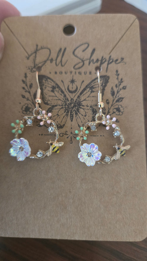 Bloom & Bee Boho Floral Wreath Earrings | Gold Bee Dangle Earrings | Cottagecore Wildflower Jewelry
