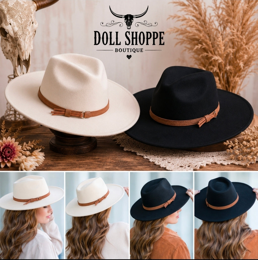 Wide Brim Panama Fedora Hat | Cream & Black | Tassel Accent Fedora