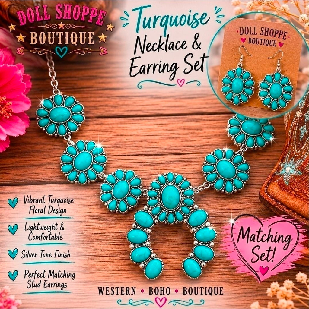 Western Faux Turquoise Squash Blossom Necklace Set | Statement Necklace & Earrings | Cowgirl Jewelry | Boho Western Jewelry | Boutique Gift for Her