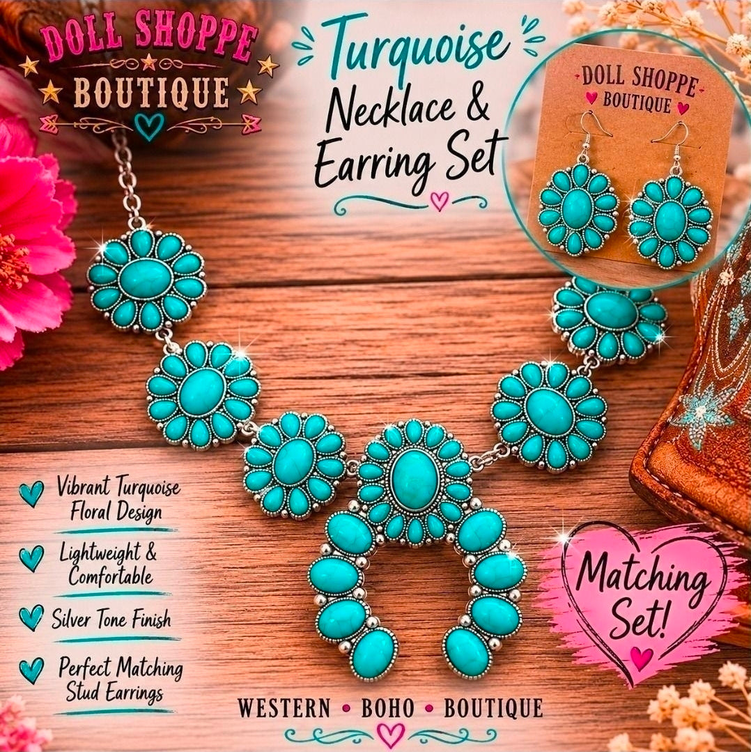 Western Faux Turquoise Squash Blossom Necklace Set | Statement Necklace & Earrings | Cowgirl Jewelry | Boho Western Jewelry | Boutique Gift for Her