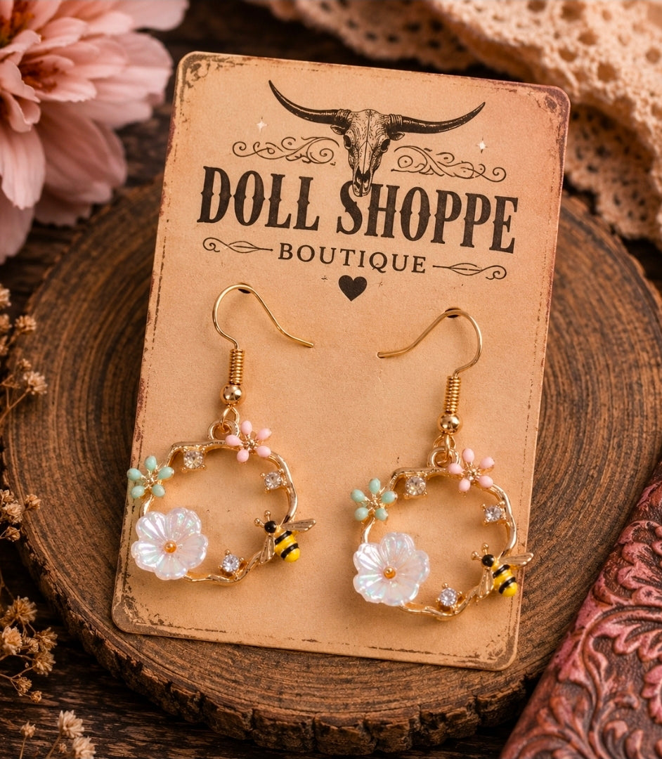 Bloom & Bee Boho Floral Wreath Earrings | Gold Bee Dangle Earrings | Cottagecore Wildflower Jewelry