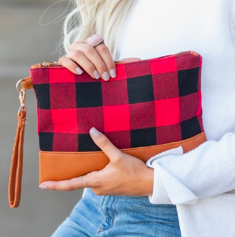 Buffalo Plaid Wristlet Clutch Purse | Black & White or Red Buffalo Check Wristlet | Cotton Clutch with PU Leather Trim | Fall & Everyday Handbag