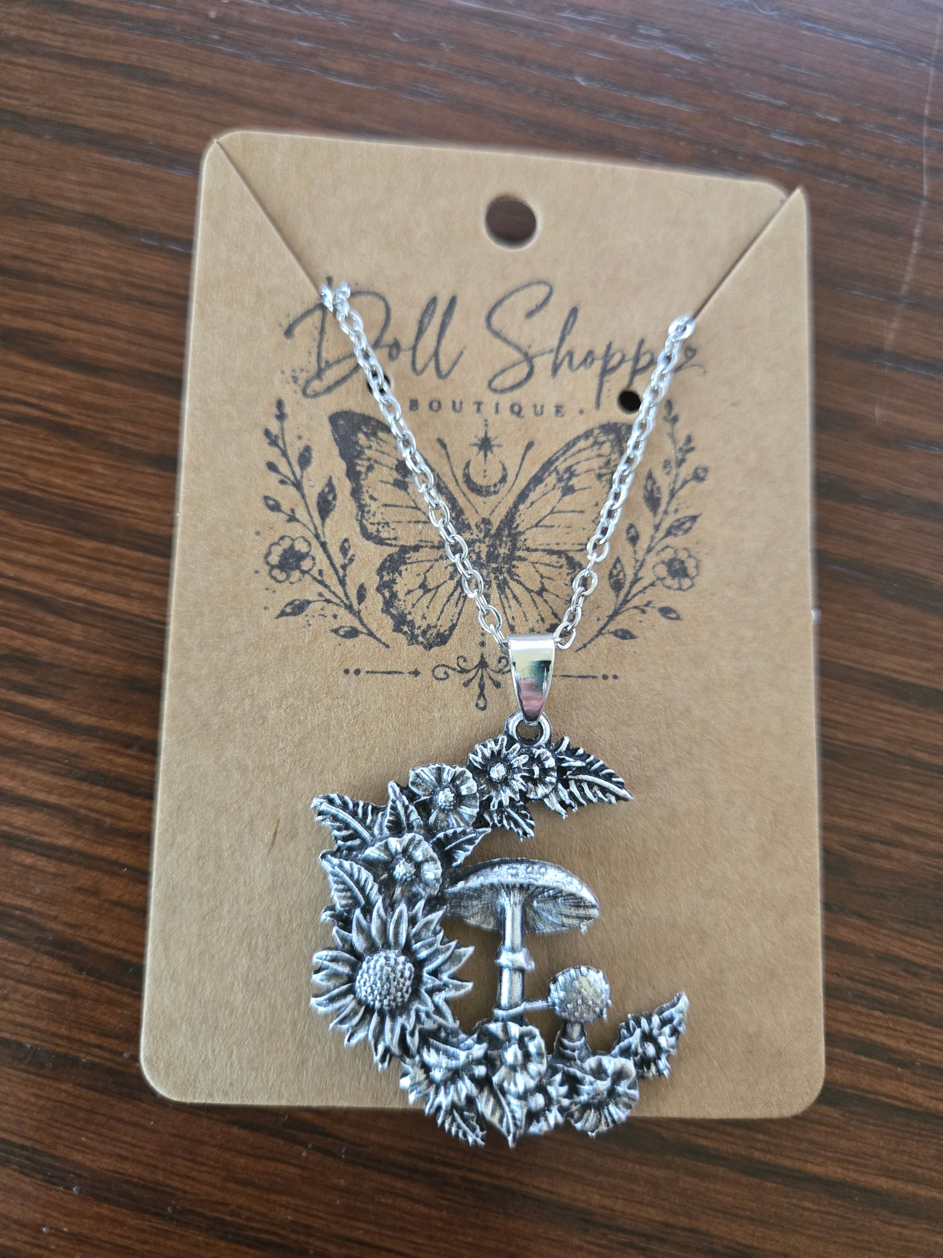 Mushroom & Sunflower Necklace | Cottagecore Wildflower Pendant Necklace | Nature Inspired Floral Jewelry | Boho Botanical Necklace Gift for Her