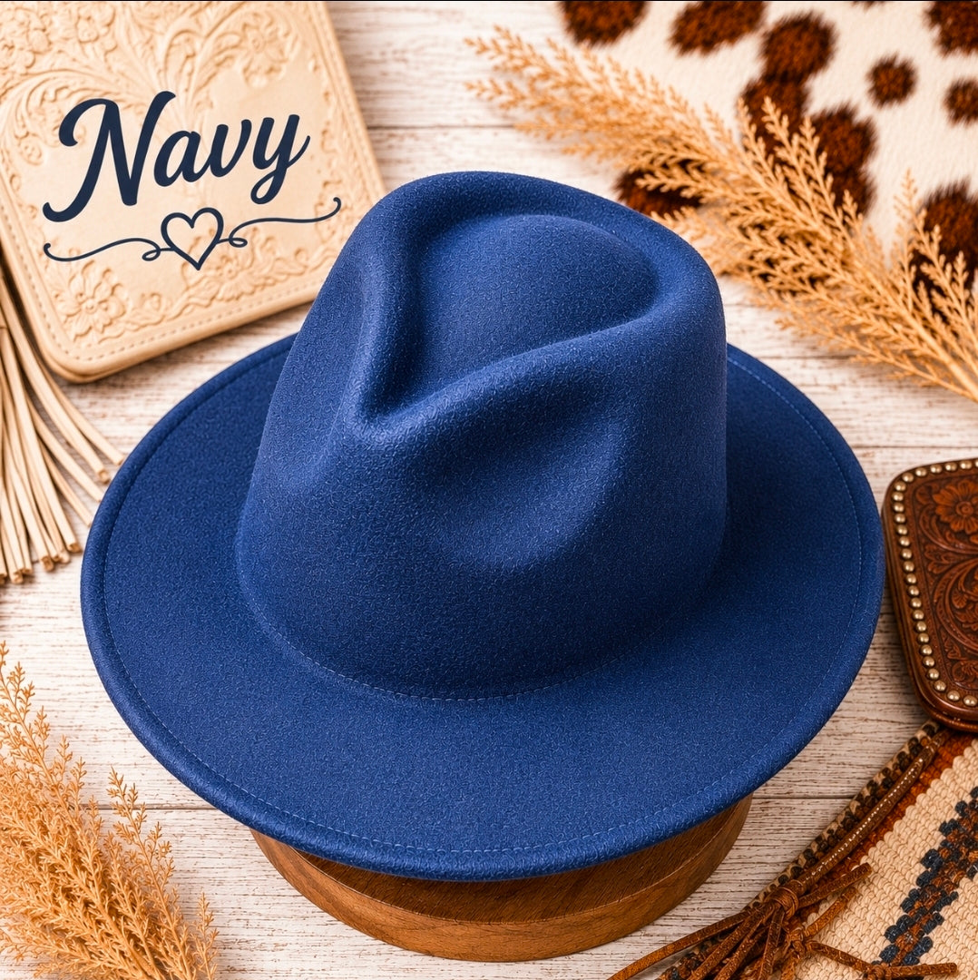 Wide Brim Felt Fedora Hat | Adjustable Flat Brim Jazz Hat | Western Boho Ranch Style | 8 Colors Available