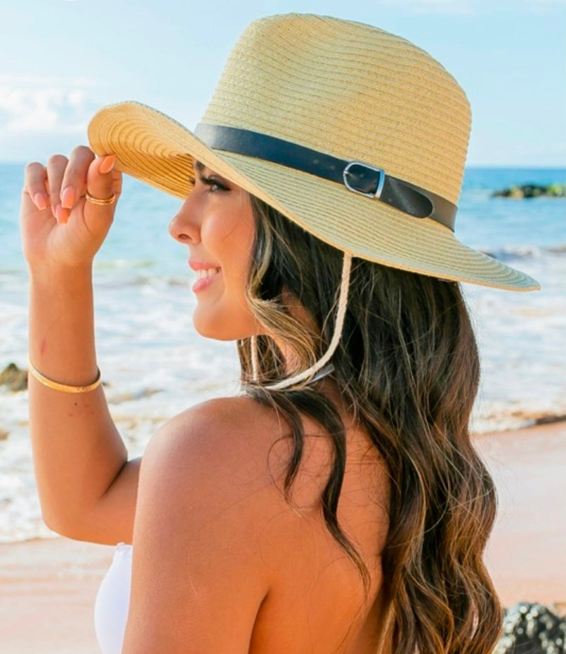 Drawstring Panama Hat for Women | Wide Brim Straw Sun Hat | Beach Hat with Adjustable Drawstring & Faux Leather Belt | Boho Western Cowgirl Summer Hat | Beige or Straw colors available
