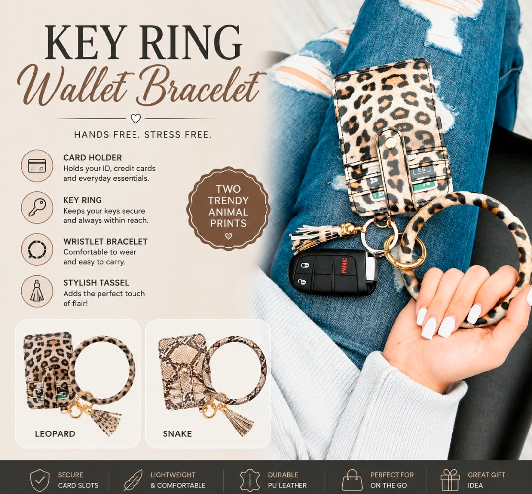 Leopard & Snakeskin Key Ring Wallet Bracelet for Women | Card Holder Keychain Wallet | Silicone Bangle Wristlet | Boutique Keychain Wallet | Gift for Her