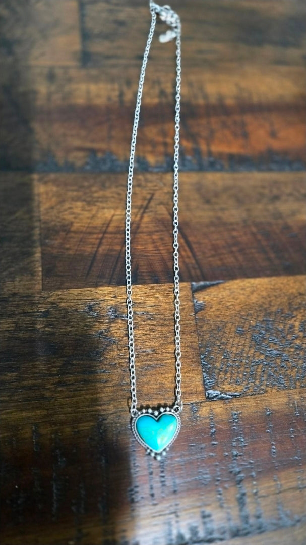 Western Turquoise Heart Necklace for Women | Faux Turquoise Silver Heart Pendant Necklace | Cowgirl Jewelry | Boho Western Necklace | Country Boutique Gift
