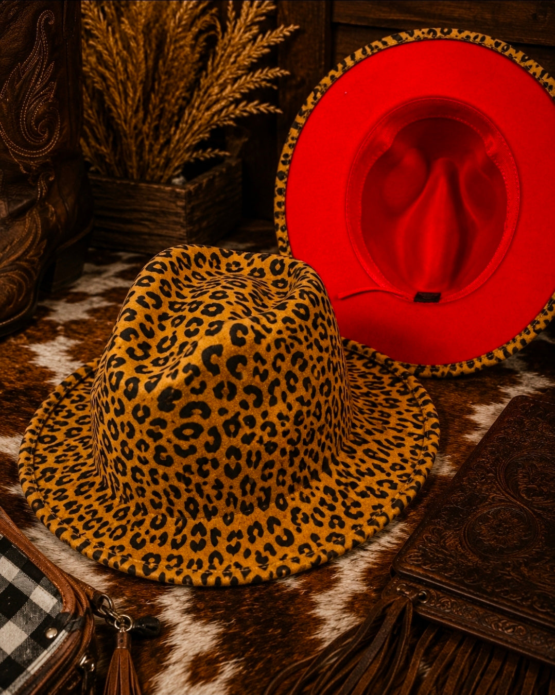 Leopard Print Fedora Hats with Red Underside, available in 3 different colors| Wide Brim Felt Fedora | Western Cowgirl Hat | Boho Ranch Hat | Statement Boutique Hat |