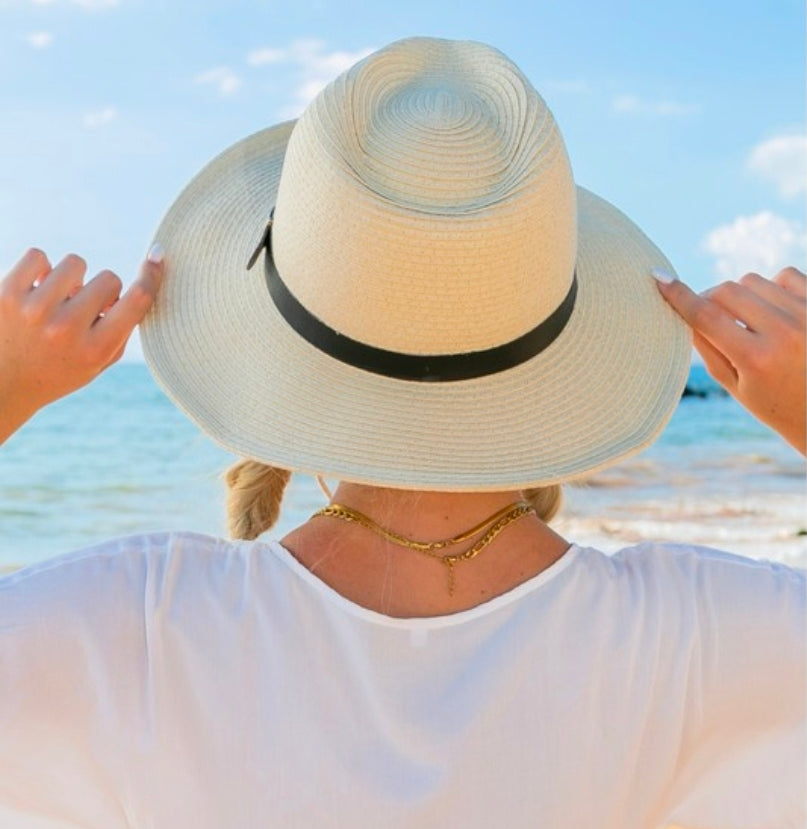 Drawstring Panama Hat for Women | Wide Brim Straw Sun Hat | Beach Hat with Adjustable Drawstring & Faux Leather Belt | Boho Western Cowgirl Summer Hat | Beige or Straw colors available