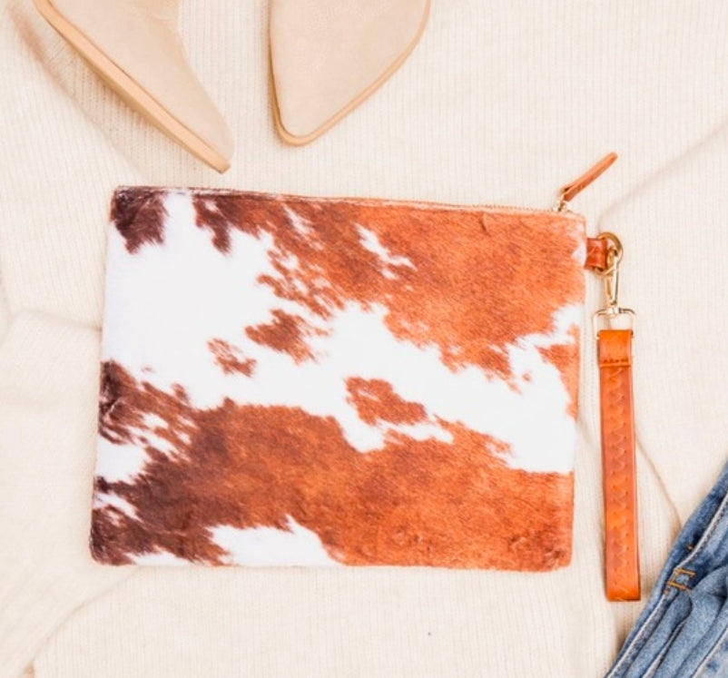 Brown Cow Print Faux Fur Clutch Bag | Western Cowhide Wristlet | Vegan Leather Wristlet | Western Boutique Handbag | Country Concert Clutch
