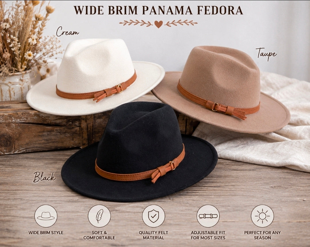 Wide Brim Panama Fedora Hat for Women | Rancher Hat | Western Hat | Boho Hat | Cream, Taupe & Black | Adjustable Fedora | Cowgirl Fashion
