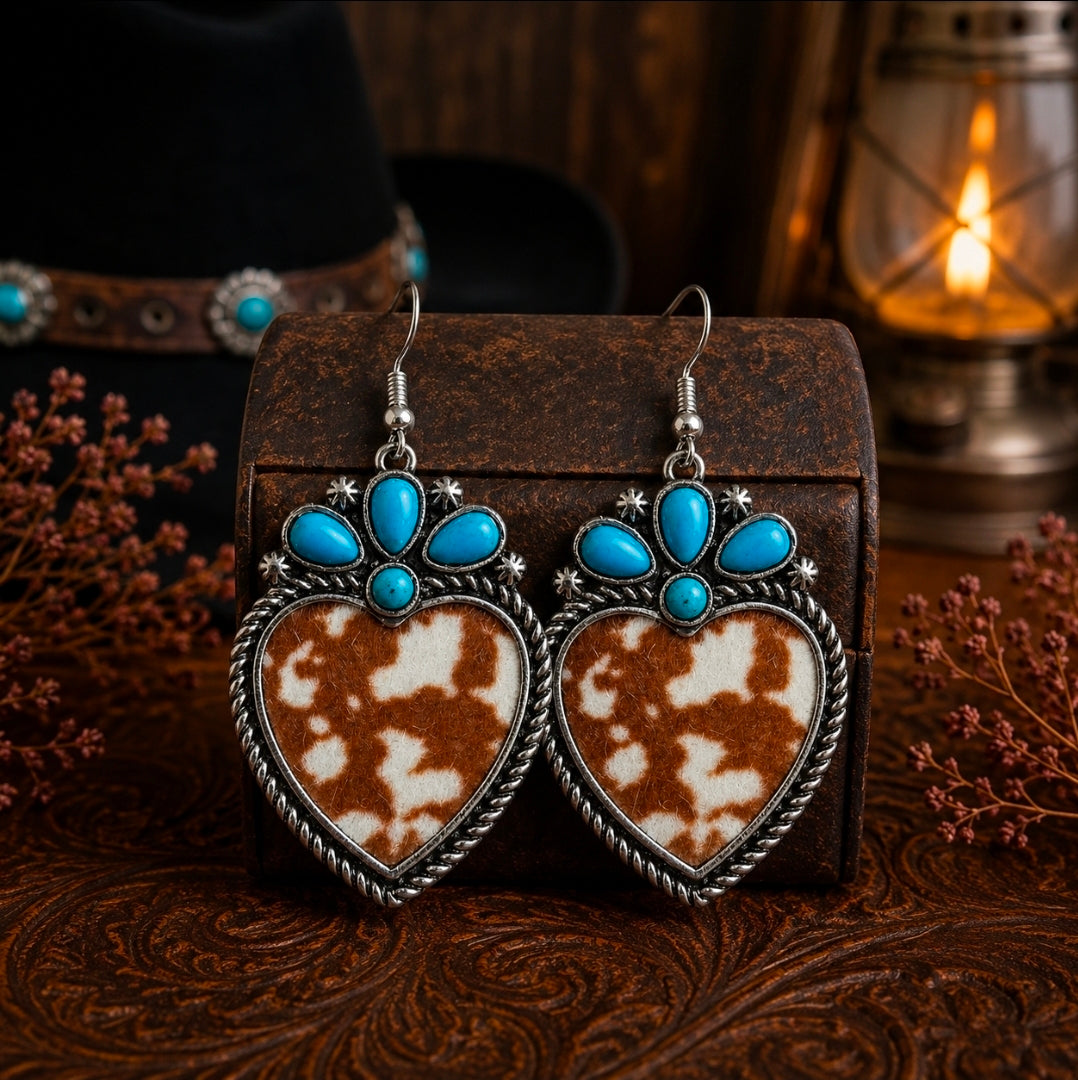Western Faux Hair-on-Hide Heart Earrings with Turquoise Accent | Cowhide, Leopard & Alligator Variations