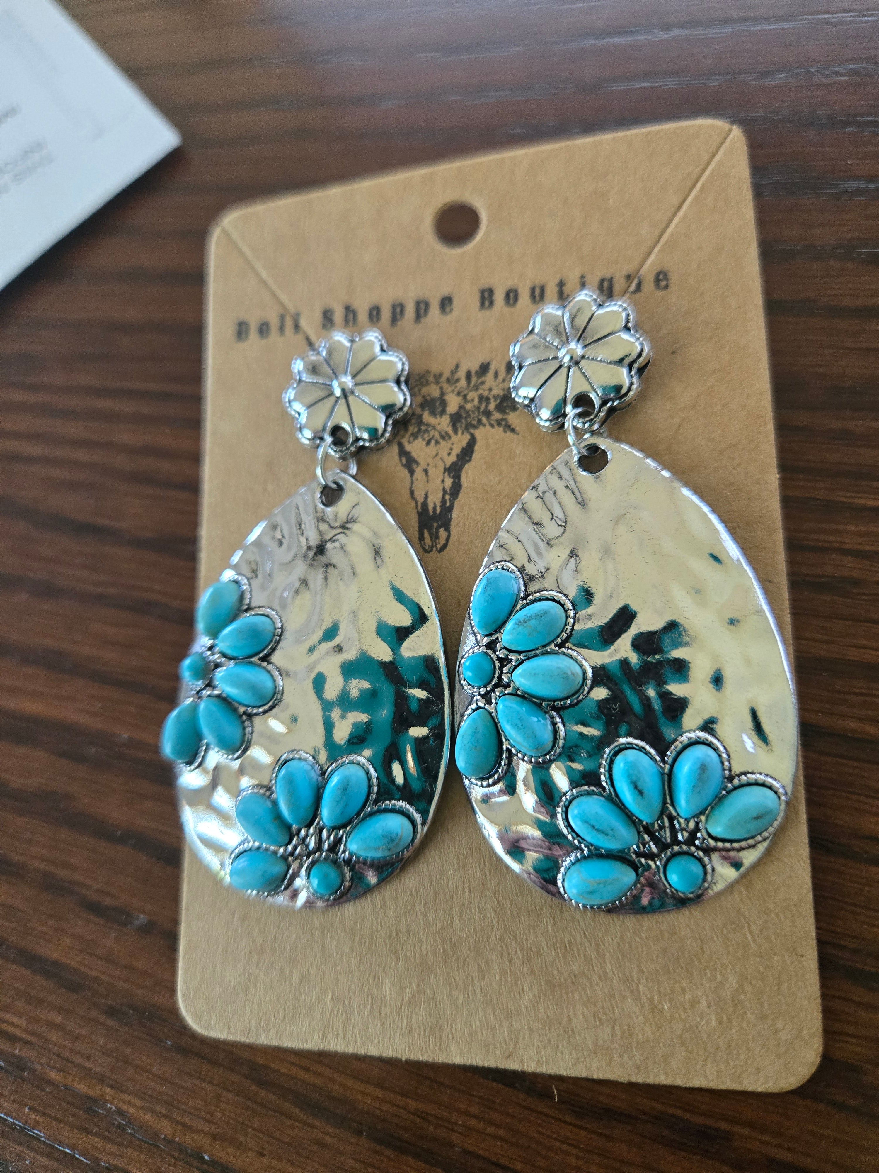 Western Turquoise Teardrop Earrings | Faux Turquoise Silver Hammered Dangle Earrings | Boho Cowgirl Statement Earrings | Western Jewelry for Women