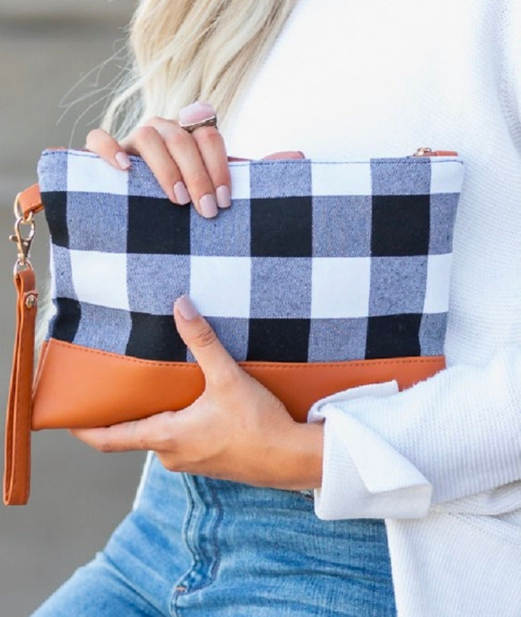 Buffalo Plaid Wristlet Clutch Purse | Black & White or Red Buffalo Check Wristlet | Cotton Clutch with PU Leather Trim | Fall & Everyday Handbag