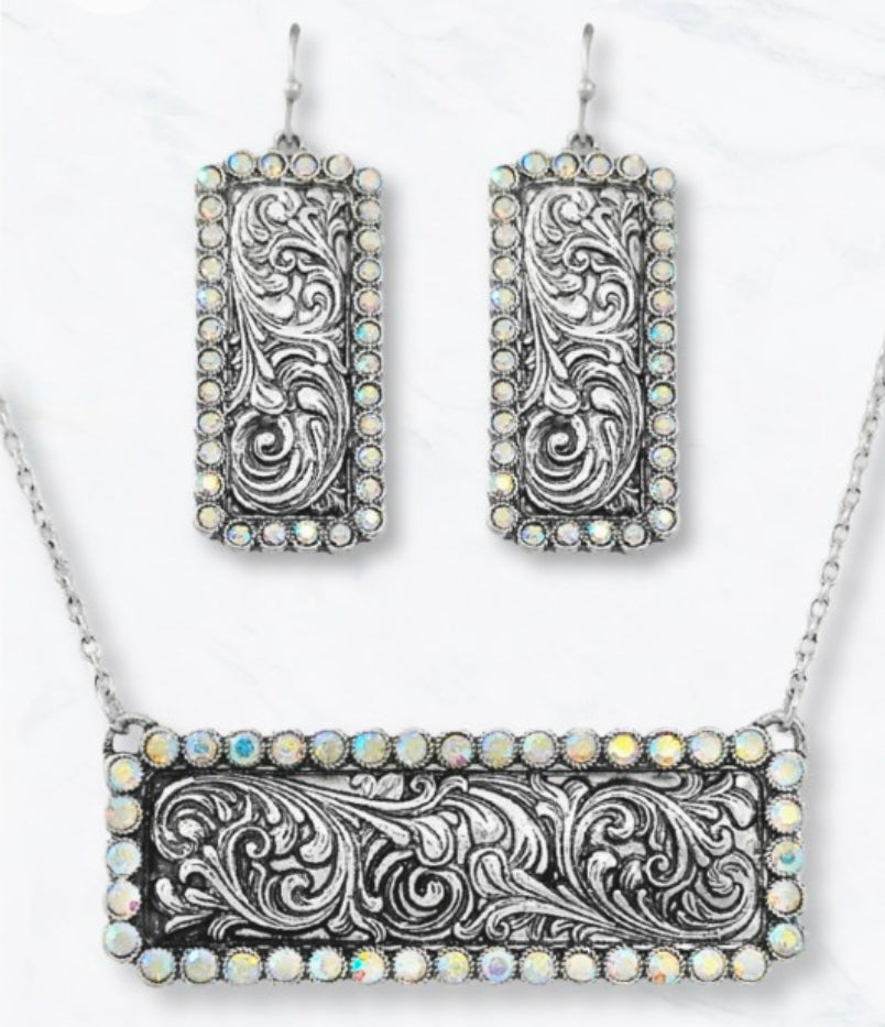 Western Engraved Rhinestone Jewelry Set | Cowgirl Necklace & Earrings | Antique Silver Scrollwork Pendant | Western Bling Jewelry | Rodeo Accessories | Boutique Gift