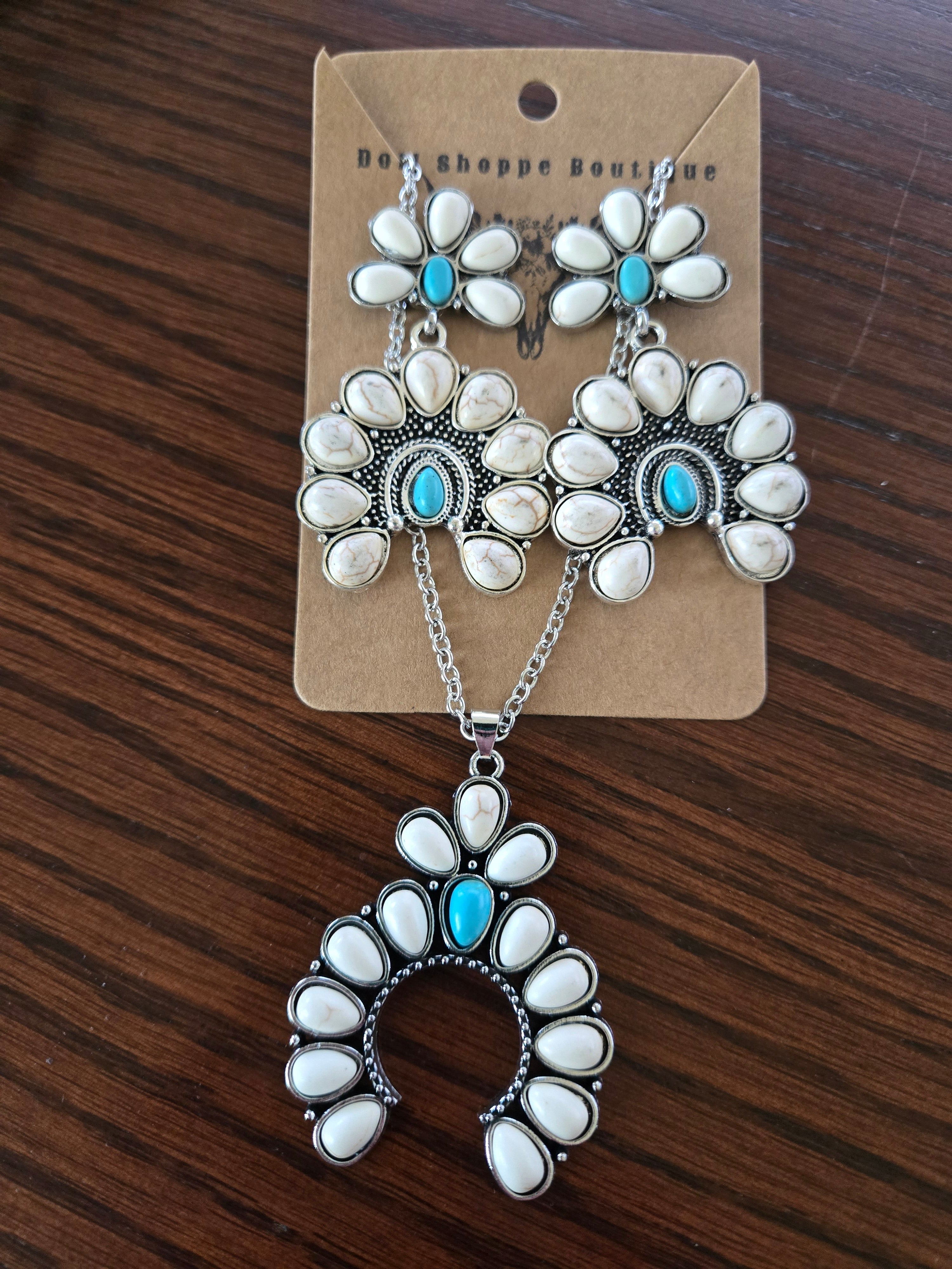 Western Ivory Squash Blossom Necklace & Earrings Set | Faux Turquoise Statement Jewelry | Southwestern Cowgirl Jewelry