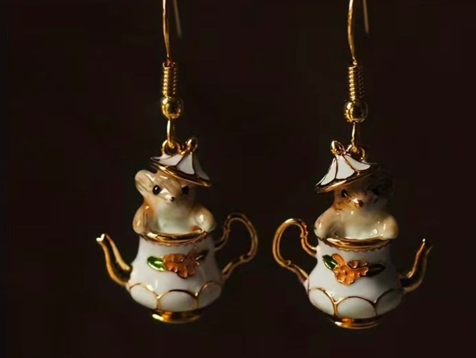 Whimsical Mouse in Teapot Dangle Earrings | Cottagecore Tea Party Earrings | Cute Animal Earrings | Vintage Inspired Novelty Jewelry | Tea Lover Gift