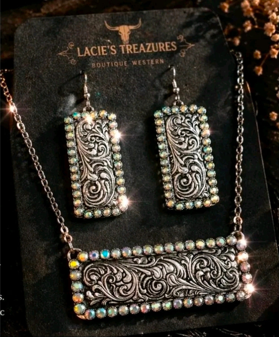 Western Engraved Rhinestone Jewelry Set | Cowgirl Necklace & Earrings | Antique Silver Scrollwork Pendant | Western Bling Jewelry | Rodeo Accessories | Boutique Gift