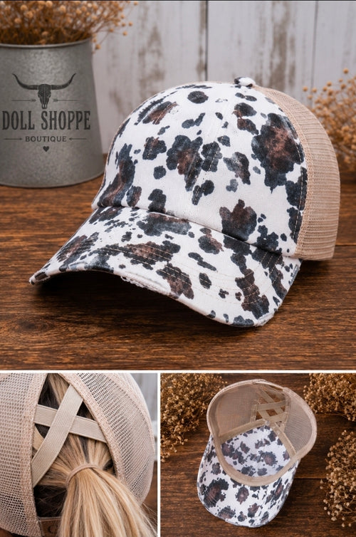 CC Cow Print Criss Cross Ponytail Trucker Hat | Distressed Cow Print Mesh Cap