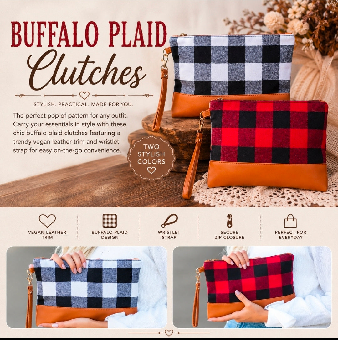 Buffalo Plaid Wristlet Clutch Purse | Black & White or Red Buffalo Check Wristlet | Cotton Clutch with PU Leather Trim | Fall & Everyday Handbag