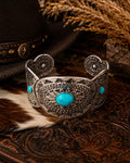 Western Turquoise Cuff Bracelet | Silver Engraved Boho Cowgirl Cuff | Adjustable Statement Bracelet | Southwestern Western Jewelry Gift for Her
