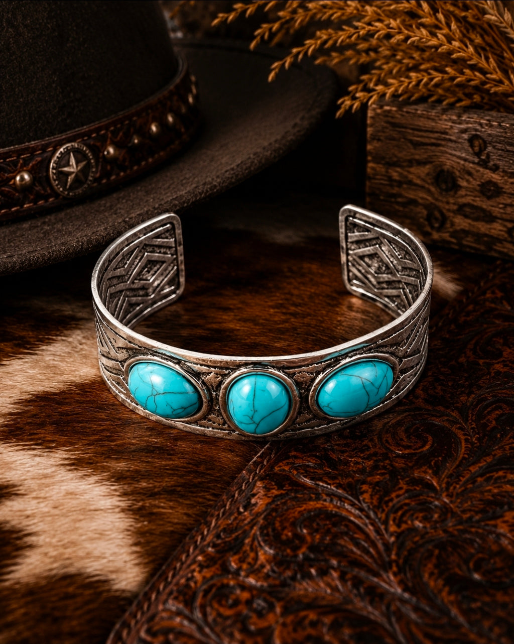 Western Turquoise Cuff Bracelet | Triple Stone Silver Cuff | Southwestern Cowgirl Bracelet | Boho Adjustable Statement Bracelet | Boutique Jewelry Gift